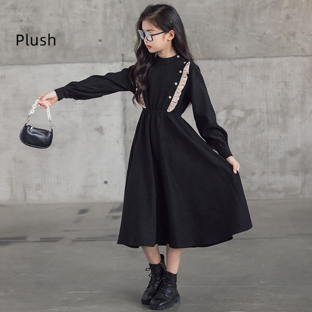 Girls' Dress With Standing Collar And Waist