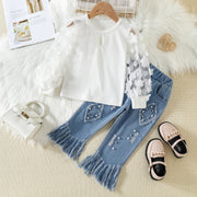 Girls Mesh Stitching Top Tassel Fur Trim Jeans Set