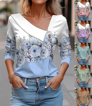 V-neck Long Sleeve T-shirt Floral Print Casual Women's Tops