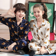 Long sleeve ice silk bear pajamas set for boys and girls