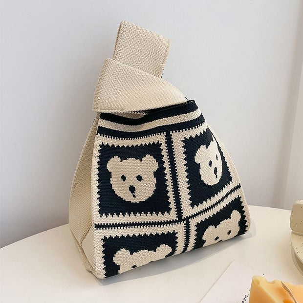 Contrast Color Striped Checkerboard Knitted Shopping Handbag