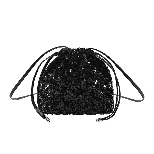 Crossbody Drawstring Pleated Design Soft Color Sequin Bag