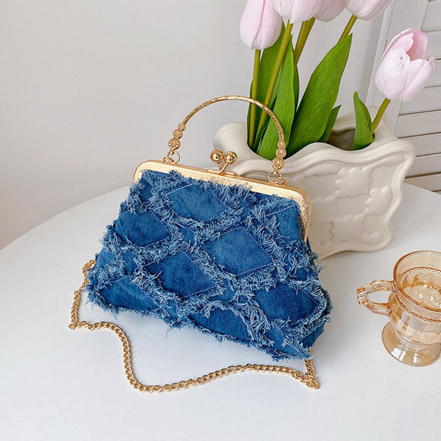 Washed Denim Style Stitching Rhombus Clip Bag Fashion Chain Shoulder Messenger Bag