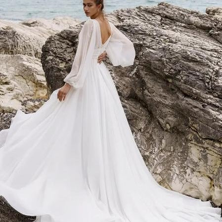 High Waist Plus Size Deep V Long Sleeve Mopping Backless Wedding Dress High Slit