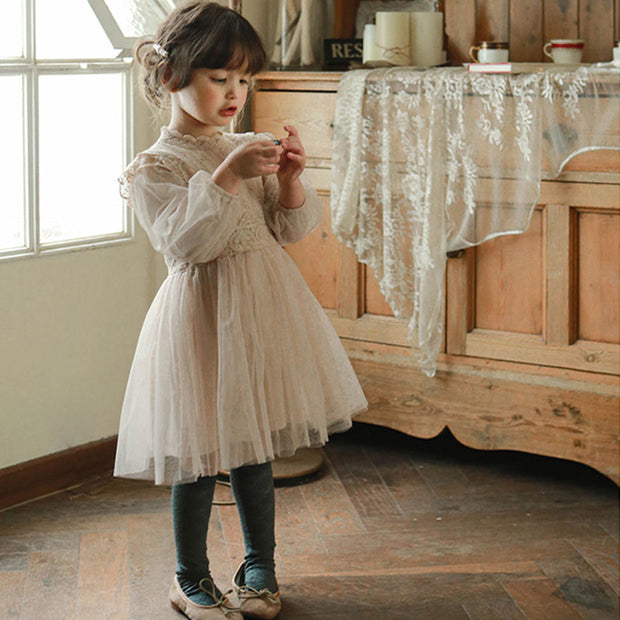 French Lantern Sleeve Tulle Dress For Children Girls