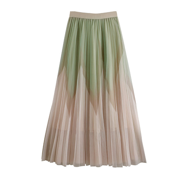 Autumn And Winter Printing Pleated Skirt High Waist Slimming Mesh Color Contrast Patchwork