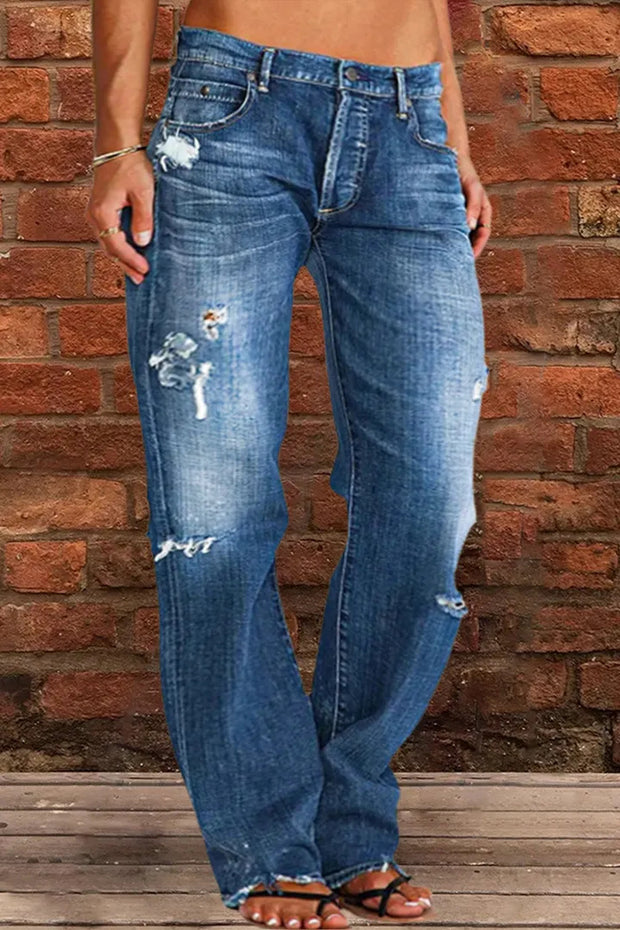 Loose Wide Leg Denim Retro Washed Ripped Trousers