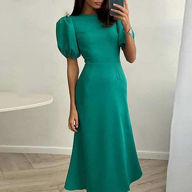 Lantern Sleeve Waist Trimming Fashion Slim Long Dress