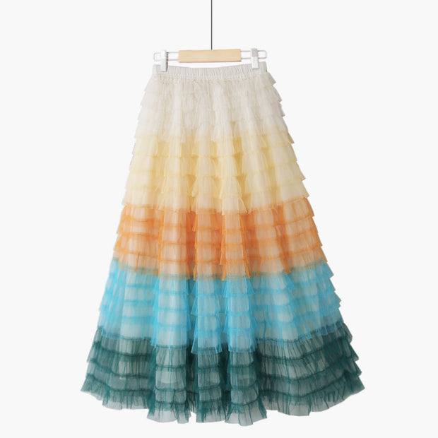 Rainbow Gradient Mesh Skirt Female