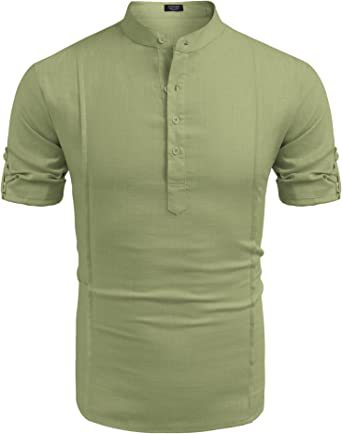 Henley Style Linen Shirt Men Casual Beach Shirt Short Sleeve T-Shirt Summer