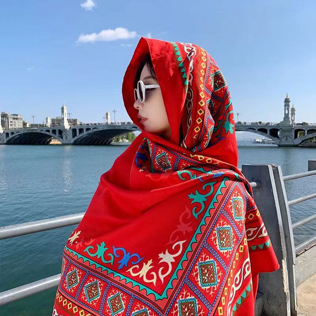 Women's Ethnic Style Shawl Sun Protection Twill Cotton Tassel Scarf