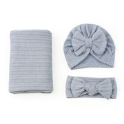 Newborn Polyester Cotton Solid Color Wheat Pattern Wrap Blanket Three-piece Suit