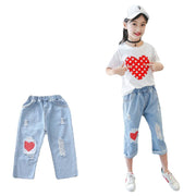 Girls White T-shirt Ripped Jeans Kids two-piece