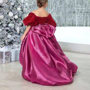 Girl's Rose Red Bow Trailing Evening Dress