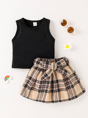 Solid Color Tank Top Plaid Skirt Girls Suit