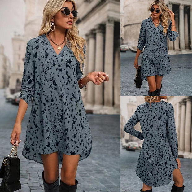 Slim-fit Leopard Print Fashion Stand Collar Long Sleeve Dress