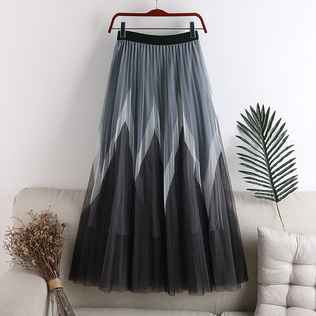 Autumn And Winter Printing Pleated Skirt High Waist Slimming Mesh Color Contrast Patchwork