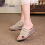 Summer Leather Slippers Women's Outdoor Vintage Crumpled Sandals Wedge