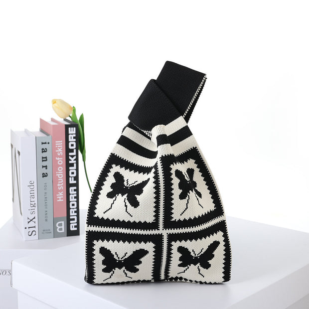 Contrast Color Striped Checkerboard Knitted Shopping Handbag