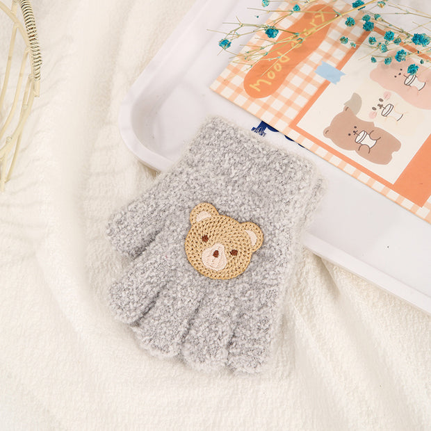 Children's Gloves Autumn And Winter New Warm Cold-proof Fleece Cute Cartoon Bear Five Fingers