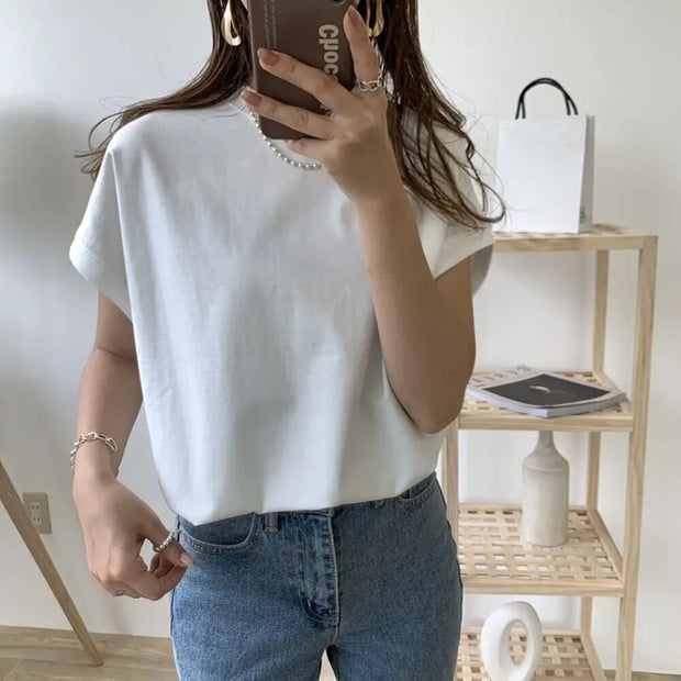 Summer Round Neck Ins White Sleeveless T-shirt Women's Loose