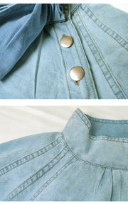 Women's Fashion Lace-up Denim Top Turtleneck Buttons Jacket