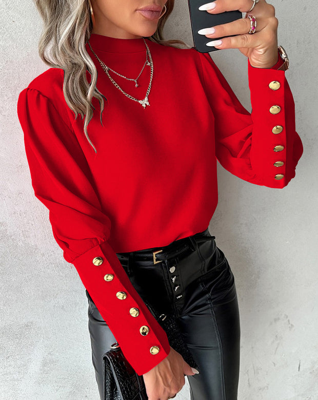 Women's Long-sleeved Solid Color Lace Round Neck Button Shirt