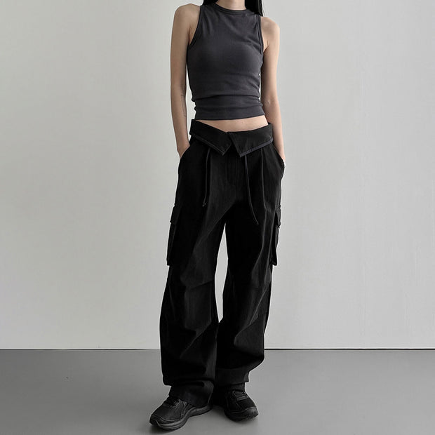 Flanging Waist Head Design Black Casual Working Pants