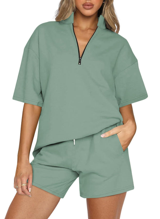 Ladies Two-piece Set Oversized Half Zipper Pullover Short Sleeve