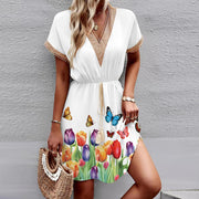 Printed Short Sleeve Lace V-neck Tight Waist Dress