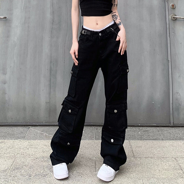 Flanging Waist Head Design Black Casual Working Pants