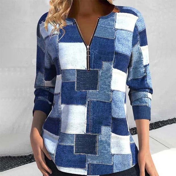 Women's Zipper Long Sleeve Geometric Top