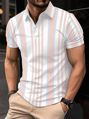 Men's Button Polo Shirt Striped Printed Short Sleeve