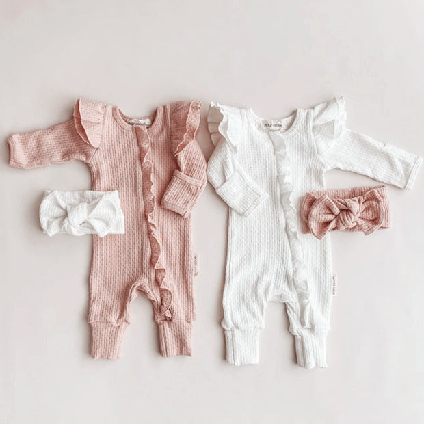 Girl Infant Bodysuit Long-sleeved Knitted Stretch Waffle Jumpsuit