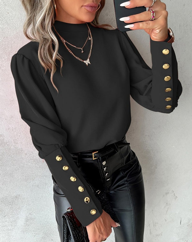 Women's Long-sleeved Solid Color Lace Round Neck Button Shirt