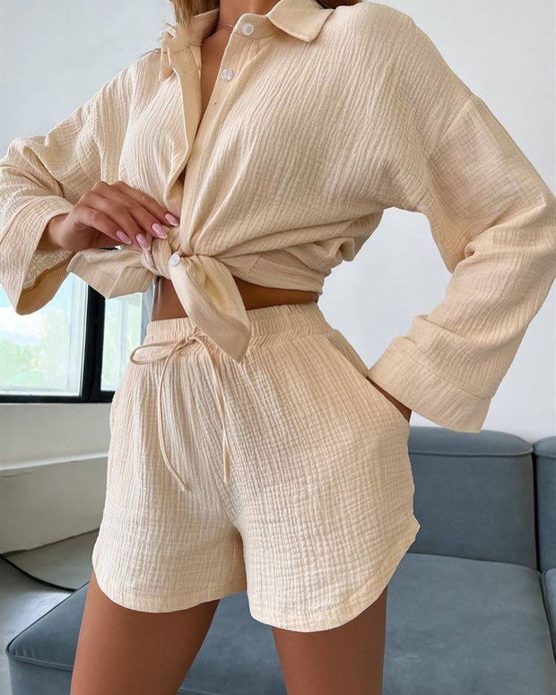 Long Sleeve Shirt Shorts Suit Women