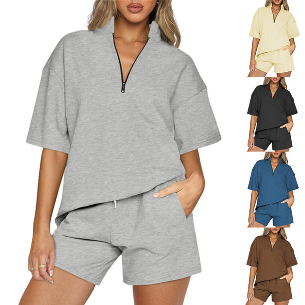 Ladies Two-piece Set Oversized Half Zipper Pullover Short Sleeve