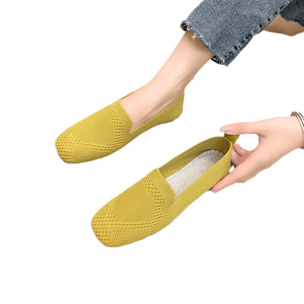 Square Toe Flat Bottom Flying Woven Pumps Female Slip-on Casual Shoes