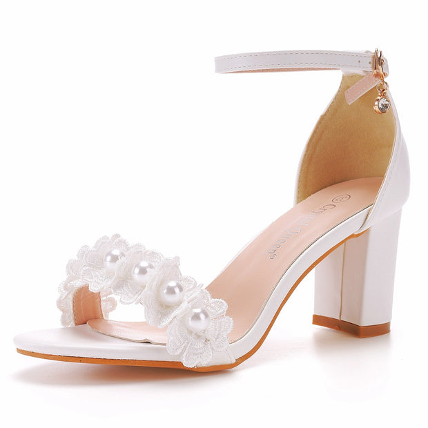 Women's Fashionable One-strap Beaded Flower High Heel Sandals