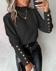 Women's Long-sleeved Solid Color Lace Round Neck Button Shirt