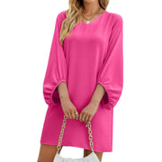 Solid Color And V-neck Three-quarter Sleeve Puff Sleeve Loose Dress