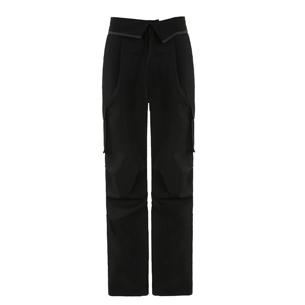 Flanging Waist Head Design Black Casual Working Pants