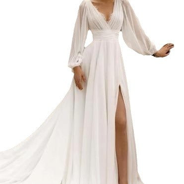 High Waist Plus Size Deep V Long Sleeve Mopping Backless Wedding Dress High Slit