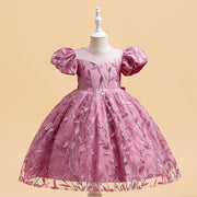 Girls' Fashionable Embroidered Puff Sleeve Princess Dress