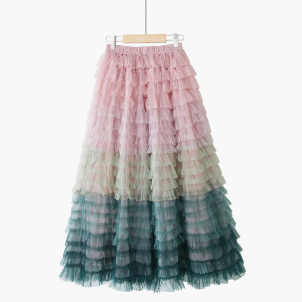 Rainbow Gradient Mesh Skirt Female