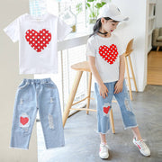 Girls White T-shirt Ripped Jeans Kids two-piece