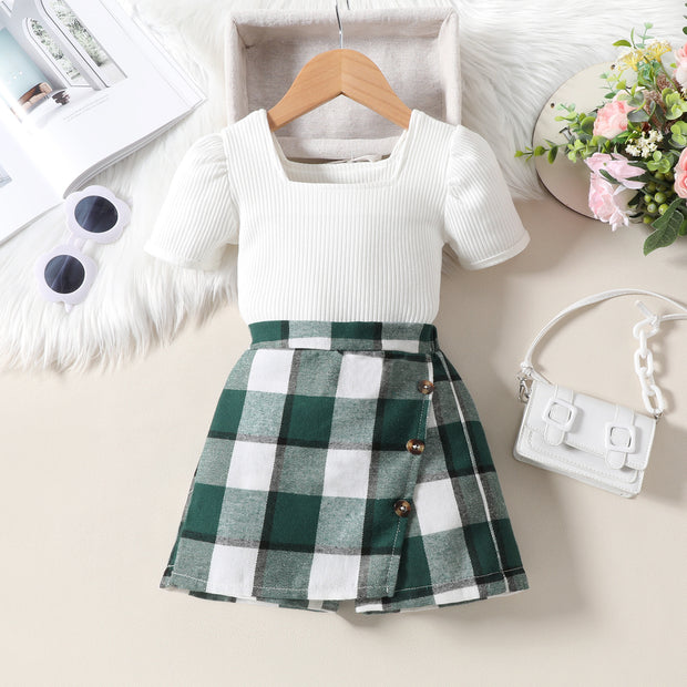 Rib Fabric Puff Short Sleeve Top Irregular Plaid Short Pantskirt Suit