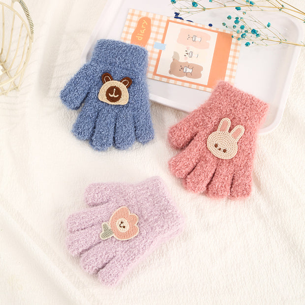 Children's Gloves Autumn And Winter New Warm Cold-proof Fleece Cute Cartoon Bear Five Fingers