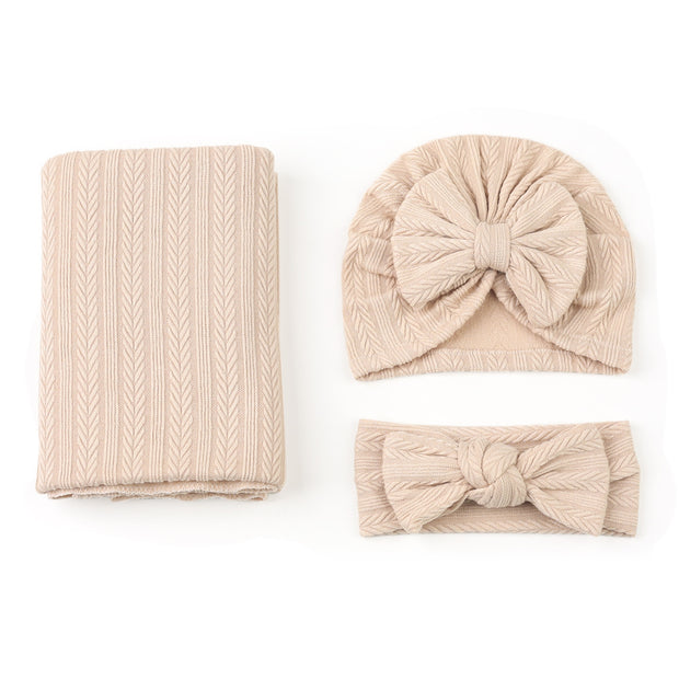 Newborn Polyester Cotton Solid Color Wheat Pattern Wrap Blanket Three-piece Suit