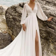 High Waist Plus Size Deep V Long Sleeve Mopping Backless Wedding Dress High Slit